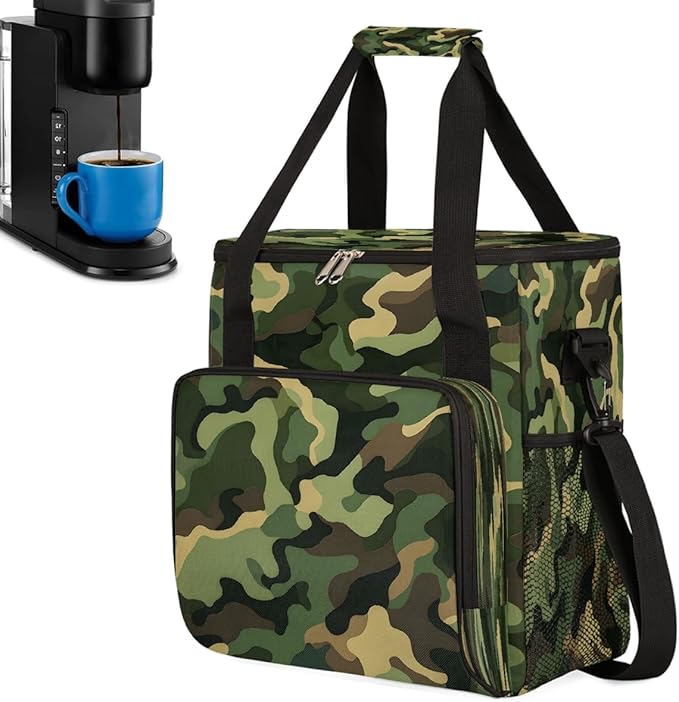 Black Green Camouflage Coffee Maker Carring Bag Travel Carrying Storage Tote Bag Compatible with Keurig K-Mini or K-Mini Plus Portable Single Serve Coffee Brewer Case with Pockets for K-cup Pods