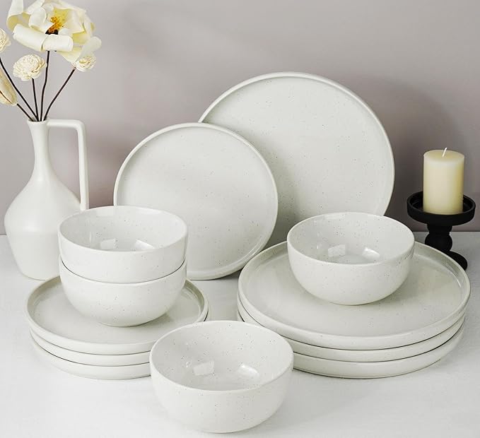 Kitchen Plates and Bowls Set Dinner Set for 4 Handpainted Dinner ware Sets Microwave Safe Plates and Bowls Sets Stone Plate White Stoneware Scratch Resistant (Arctic Frost)