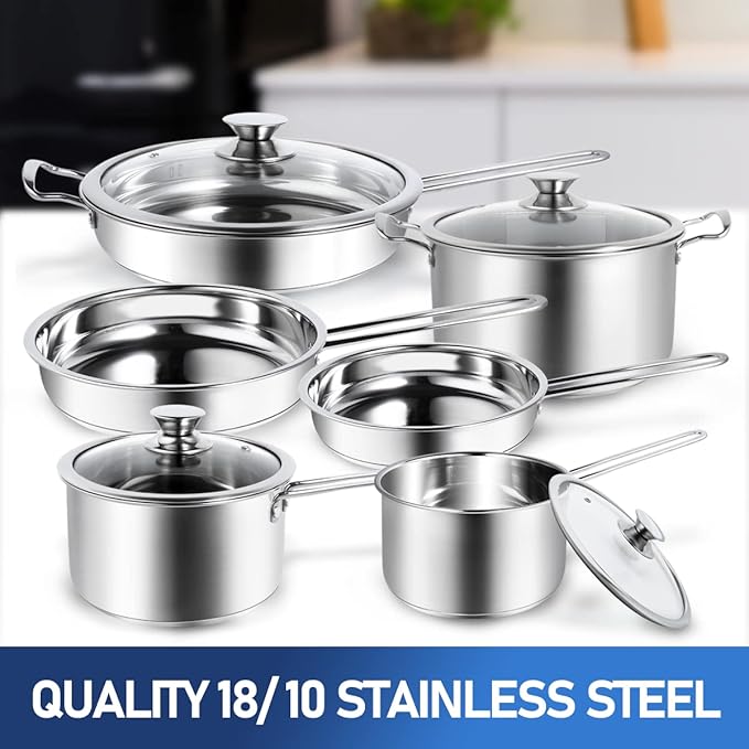 Aufranc 10-Piece Pots and Pans Set Stainless Steel Cookware Set- Includes Ergonomic Handle Saucepans Skillets Dutch Oven Stockpot Steamer &amp More - Premium Pots and Pans for Home Chefs