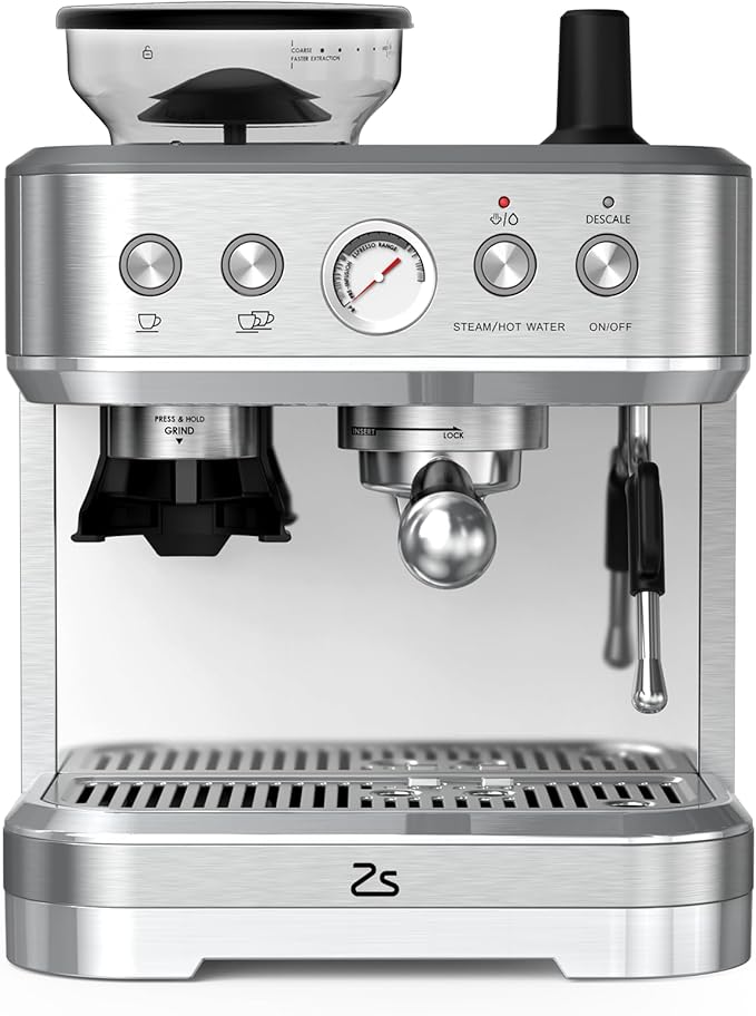15 Bar Semi-Automatic Espresso Machine with Built-in Grinder Milk Frother &amp Steam Wand Italian Pump 2.5l Water Tank Stainless Steel Coffee Maker
