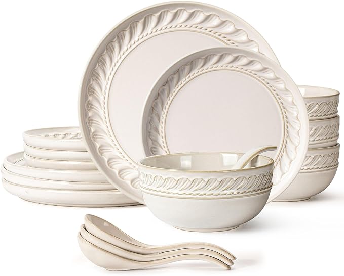Artena Plates And Bowls Sets 16 Pieces Dinnerware Sets Dish Set For 4 Ceramic Kitchen Bowl And Plate Set Embossed White Dishware Sets Dishwasher &amp Microwave Safe (Willow Leaf)