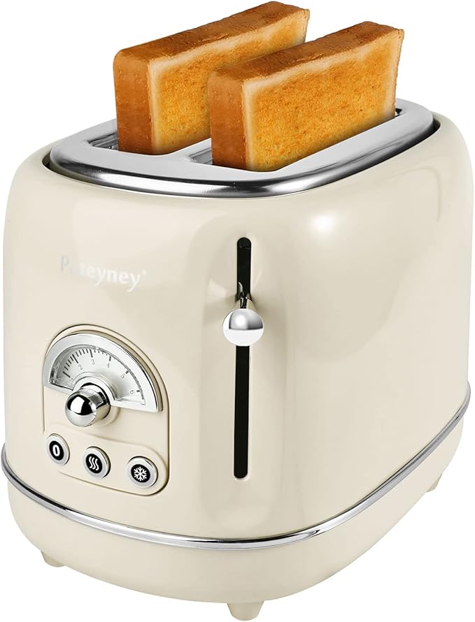Retro Stainless Steel Toaster - 2 Slice Extra-Wide Slot 6 Adjustable Settings Removable Crumb Tray Defrost Cancel Reheat (Cream)