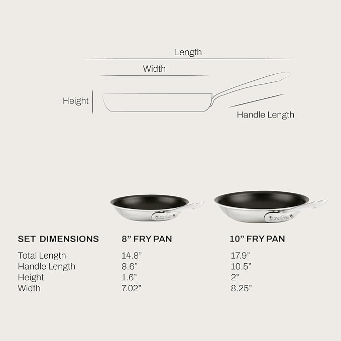 All-Clad Stainless Steel Pro Nonstick Frying Pan Set – 8 &amp 10 Inch Skillets Induction Compatible Oven &amp Broiler Safe to 500°F Professional Cookware Silver