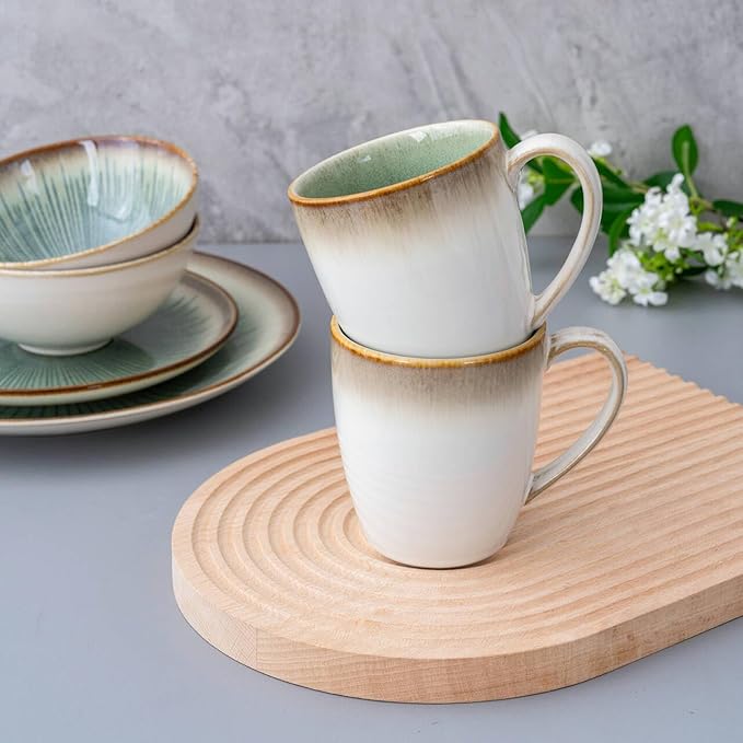 Dinnerware Set Green Stoneware 16 Pieces Service for 4 Stoneware Plates and Bowls Set Highly Chip Dishwasher Microwave Safe Dishes set