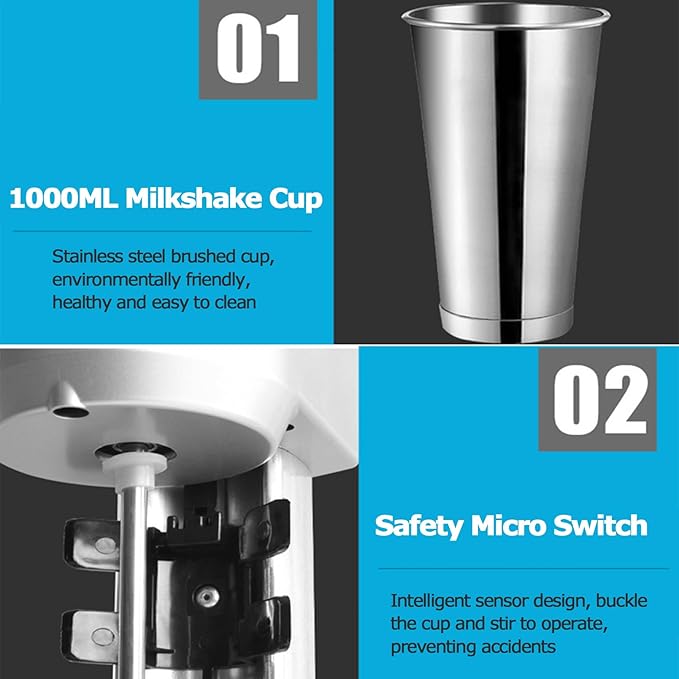 Commercial Milkshake Maker with 2 X 1000 Ml Cups 600W Motor Electric Mixed Drink Maker Micro Sensor Switch Max 16000R/Min Double Heads Drink Mixer Blender