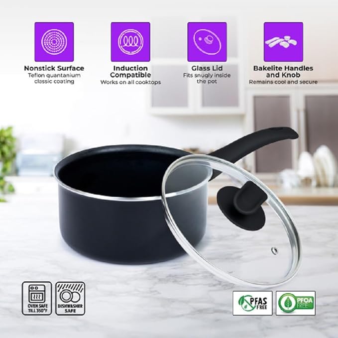 YBM Home Classic Nonstick 8-Piece Cookware Set Covered Stay-Cool Handles Kitchen Stock Pot Soup Pot Cooking Pot Oven Broiler Safe 350F Compatible Induction and All Cooktops Dishwasher Safe