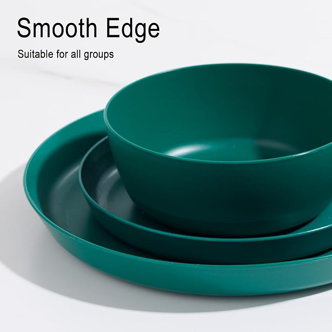 EI 12pcs Dark Green Wheat Straw PlatesPlate and Bowls SetsWheat Straw Dinnerware SetUnbreakabl Plastic Plates ReusableeMelamine Dinnerware Sets