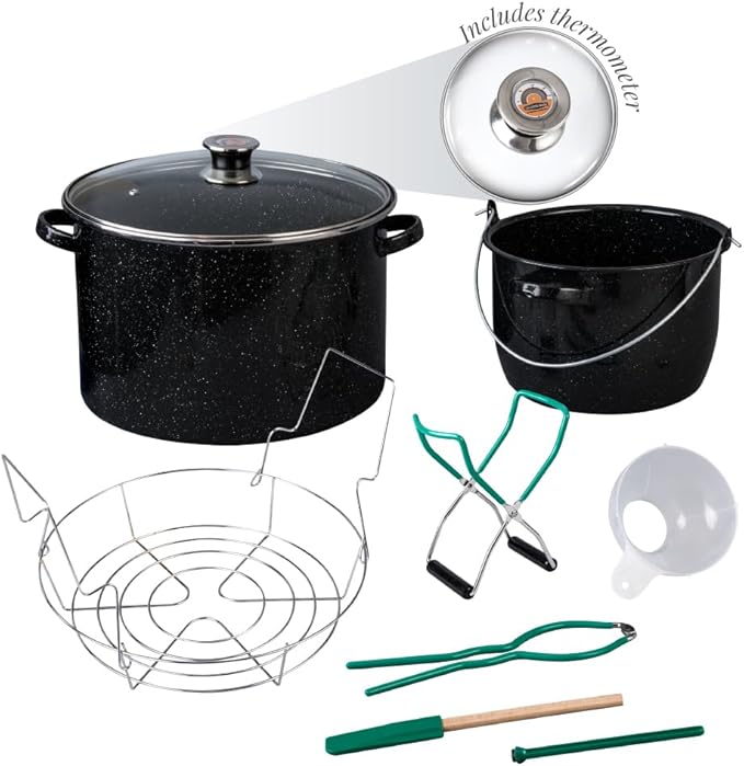 Granite Ware 21.5 Qt Heavy Gauge - 9 Piece water bath canning pot (Speckled Black) with canning toolset rack and preserving kettle.