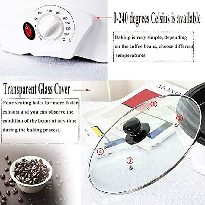 Home Coffee Beans Roasting Machine Coffee Roaster Household Baking Machine Grain Drying Machine 0-240°C Adjustable Suitable for Peanut Nut Bean 1200W