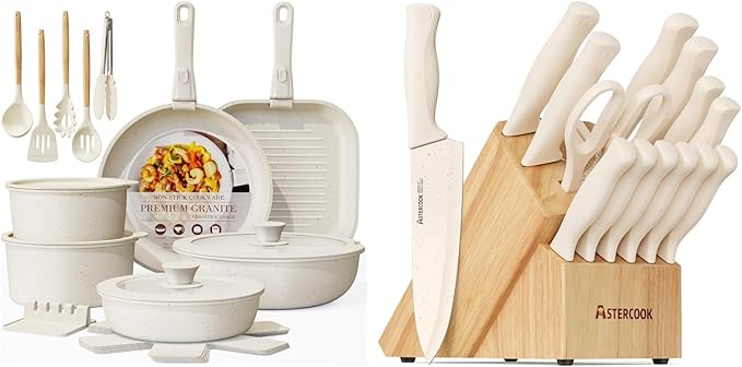 Astercook 23 Pcs Pots and Pans Non Stick Ceramic Cookware Set and 15 Pcs Kitchen Knife Set with Sharpener Block Anti-Rust Coating Cream White