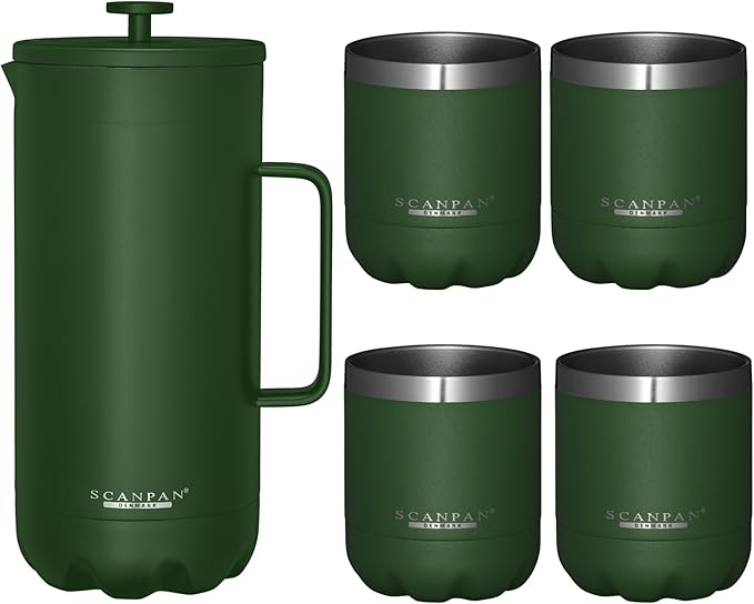 Scanpan TO GO French Press Coffee Maker 1.0L (Forest Green) + 4 Vacuum Cups 250 mL (Forest Green) - 18/8 Food Grade Stainless Steel - Scratch-Free Coating - Dishwasher Safe