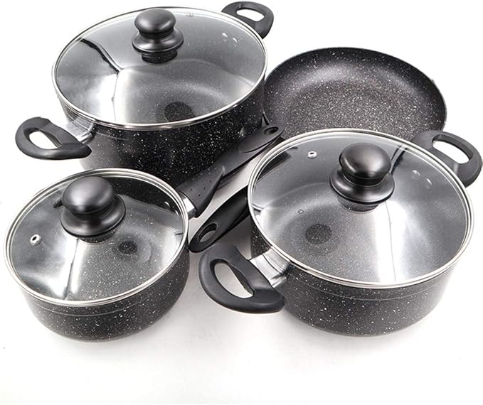 7Pcs Cookware Set Black Granite Fry Pan Souce Pot Milk Pot Glass Cover Non-Stick Induction&ampGas Cooker