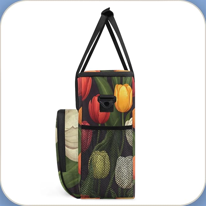Flower Tulip Theme Coffee Maker Travel Bag for Keurig K-Mini/K-Mini Plus Insulated Waterproof Tote with Pockets for K-Cup Portable Single-Serve Brewer Case
