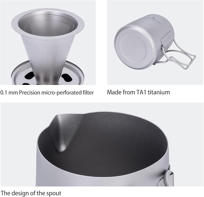 Boundless Voyage Titanium Pour-over Coffee Maker Set Coffee Mug with Reusable Detachable Dripper Manual Reusable Cone Filter for 1-2 Cups 6007P