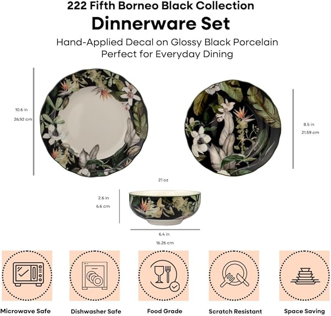 222 Fifth 12-Piece Porcelain Dinnerware Set for 4 Black &amp White Plates and Bowls Set with Tropical Floral Design Glossy Ceramic Dish Set Kitchen Tableware Microwave &amp Dishwasher Safe Born