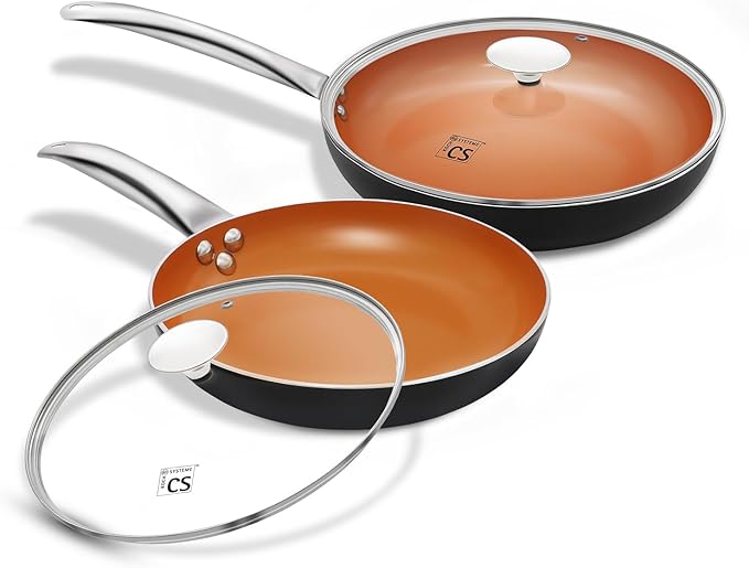 KOCH SYSTEME CS 8+11 Copper Ceramic Frying Pan Set Nonstick Oven Safe Cooper Cookware Set Induction Frying Pan Sets with Lids Aluminum Pan for Effortless Cooking All Stoves Compatible