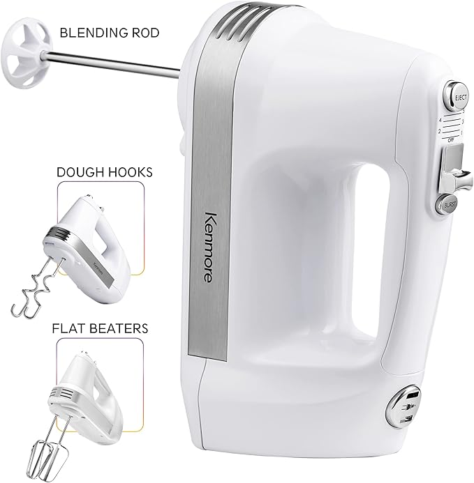 Kenmore Electric Hand Mixer – 5 Speed Handheld Blender Electric Egg Beater with Whisk Beater Dough Hooks Storage Case Turbo Boost for Cake Mix Batidora de Mano Eléctrica