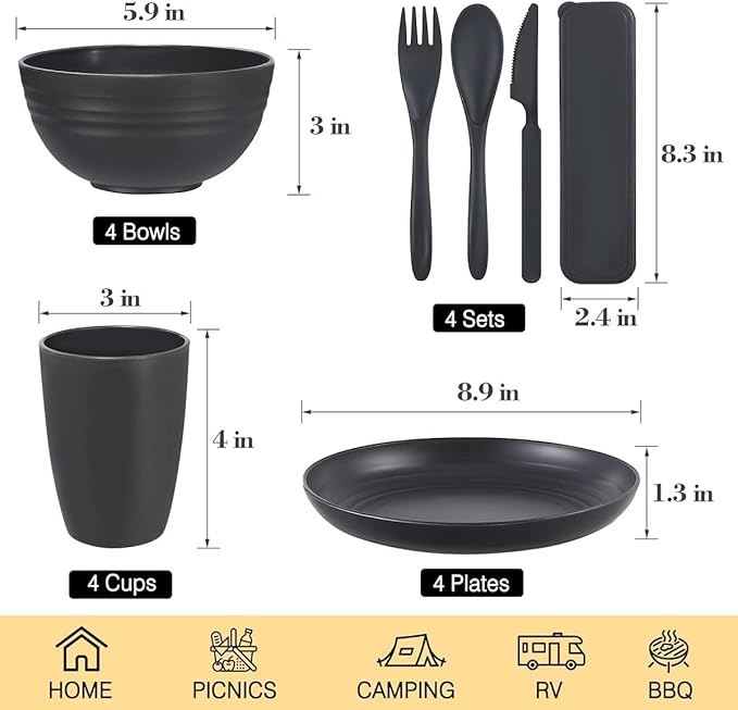 Wheat Straw Dinnerware Sets Wheat Straw Plates and Bowls Sets for 4 Kitchen Dishes 28pcs College Dorm Room Essentials Cutlery Set Microwave Safe (Black)