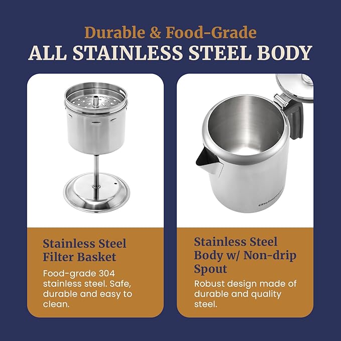 Elite Gourmet EC008 Classic Stovetop Coffee Percolator Glass Clear Brew Progress Knob Cool-Touch Handle Cordless Serve 8-Cup Stainless Steel