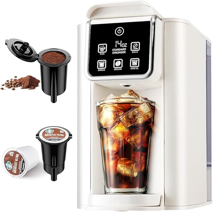 Hot &amp Iced Coffee Maker with Bold Setting Single Serve Coffee Maker for K Cup and Grounds 6-14 Oz Brew Sizes 50 Oz Removable Water Tank One Cup Coffee Machine with Reusable Filter White
