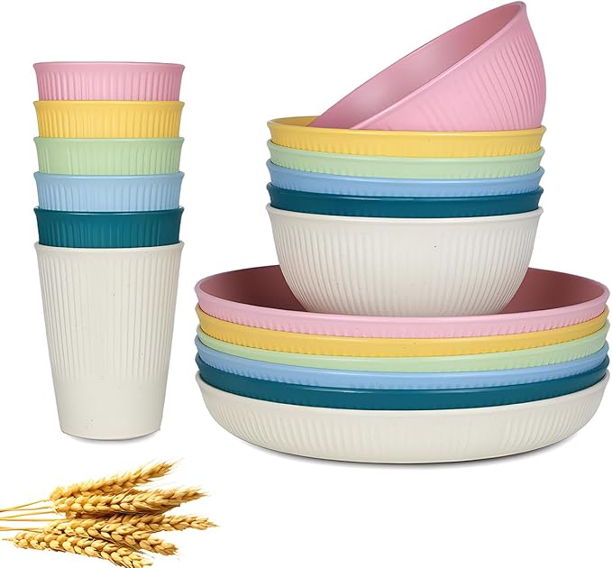 18pcs Wheat Straw Dinnerware Sets Unbreakable dish Set Reusable Plates Bowls and Cups Set dishes Dishwasher Microwave Safe for Kitchen Outdoor Travel Camping (Light Macron)