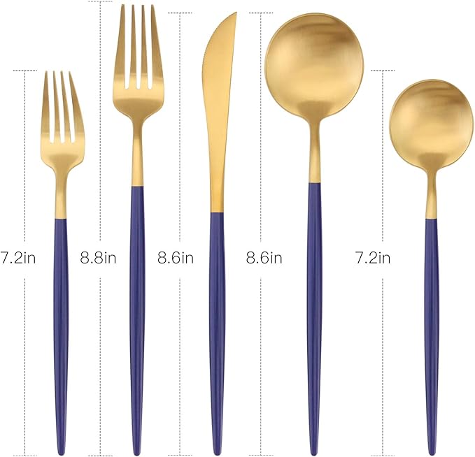 Matte Gold Silverware Set with blue handle Bysta 20-Piece Stainless Steel Flatware Set Kitchen Utensil Set Service for 4 Tableware Cutlery Set for Home and Restaurant Satin Finish Dishwasher Safe