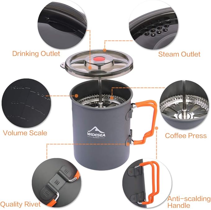 widesea Camping Coffee Pot 750ML French Press Coffee MakerLightweight Backpacking Pot with Collapsible Handle For CampingHikingFire Cooking