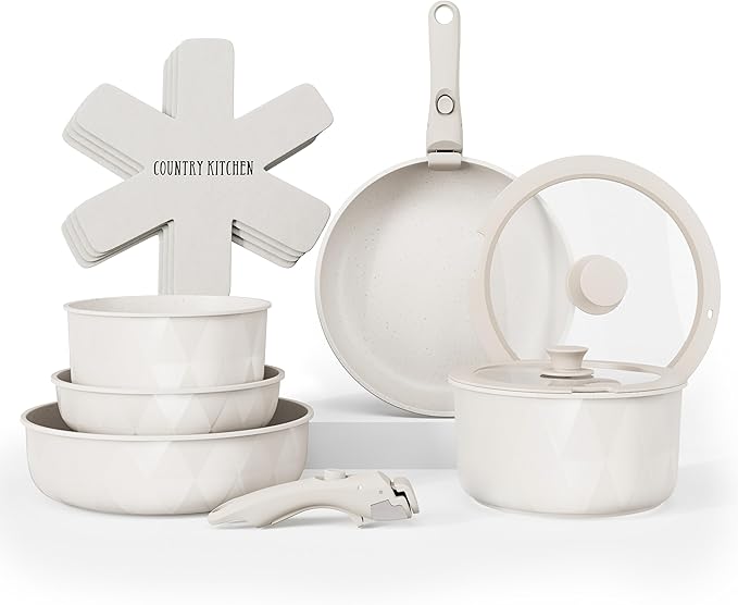 Country Kitchen Cookware Set with Removable Handle Oven &amp RV Safe Pots and Pans Set Cream Diamond Original