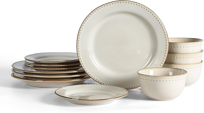 Stone Lain Comet 12-Piece Dinnerware Set Stoneware Plates and Bowls Set Dishwasher and Microwave Safe Dish Set for 4 Cream
