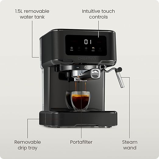 Chefman CraftBrew Espresso Machine 15-Bar Pump Digital Espresso Maker w/Steam Wand for Latte &amp Cappuccino Compact Espresso Coffee Machine w/ 1.5L Removable Water Reservoir - Stainless Black