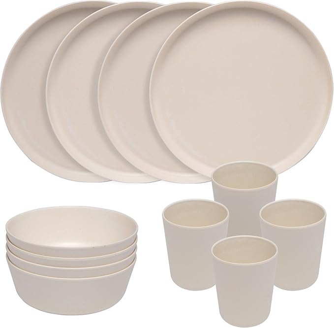 Home STRB-BF12W-12 Stephan Roberts Bamboo Dinnerware Set Eco-Friendly Bamboo Fiber Dinnerware 12 PC (Cereal Bowls Unbreakable Plates Cups)