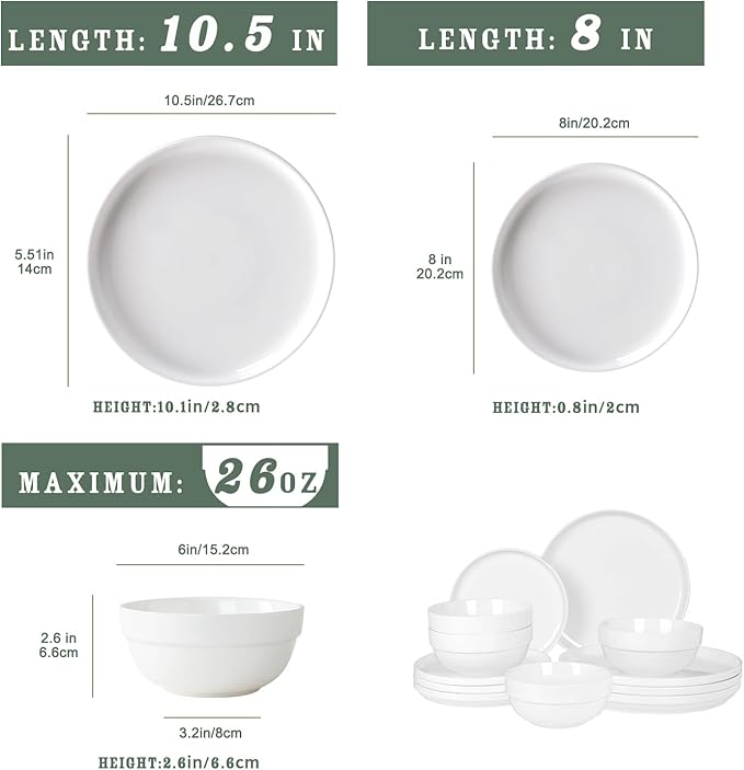 HAPPY KIT 12 Pieces Porcelain Dinnerware Set Serving Plates and Bowls Set for 4 Chip and Scratch Resistant White Kitchen Dishware Sets Thick-edge Non-slip Design