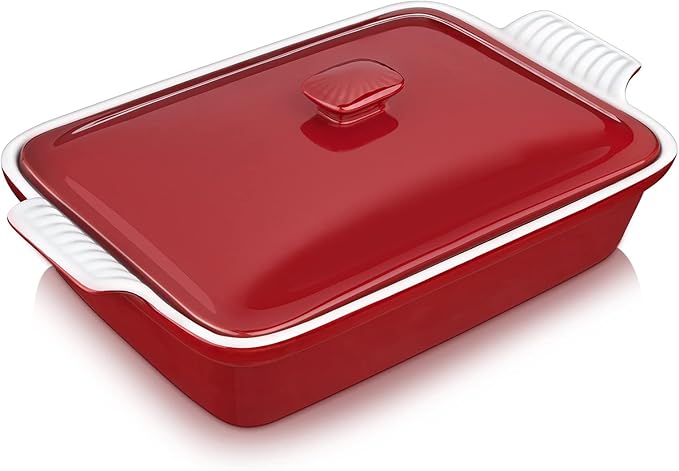 vancasso Blossom Casserole Dish With Lid 3.8 Quart Casserole Dish for Oven 9x13 Baking Pan with Handles Large Casserole Baking Dish Lasagna Pan with Lid Microwave Dishwasher Safe Red