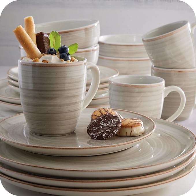 Corona 16-piece Rustic Aestethic Hand-Painted Versatile Ceramic Dinnerware Sets | Plates Bowls and Mugs | Service For 4 | Gray Caoba