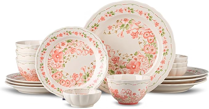 16 Piece Dinnerware Sets for 4 Scratch Resistantmicrowave oven and Dishwasher Safe Plates and Bowls Sets Ceramic Dish Set Bowl and Plate Set -Pink peach blossom pattern