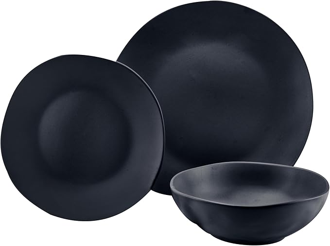 Black 12 Piece Dinnerware Set Service for 4 Solid Modern Contemporary Round Porcelain Dishwasher Safe