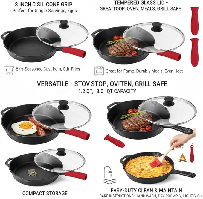 9-Piece Cast Iron Skillet Set with Lids 6/8/10 Inch Skillets &amp Red Silicone Holders Stovetop Oven Grill Multipurpose Cast Iron Cookware Set