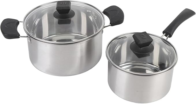 Stainless Steel Cookware Set 2 Pcs Non Stick Saucepan with Glass Lid Small Milk Pan with Heatproof Handle for Kitchen Multipurpose Sauce Pan Set for Cooking Soup Eggs Noodles