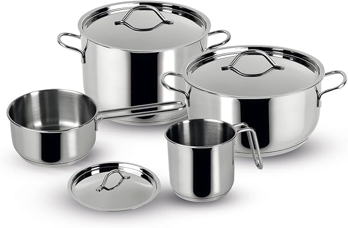Lagostina Every Stainless Steel Cookware Set 7-Piece Set Two-Handle Saucepan 18 cm Deep Casserole 22 cm Milk Pan 12 cm Deep Casserole 14 cm Long Handle and Lids 14.18 and 22 cm
