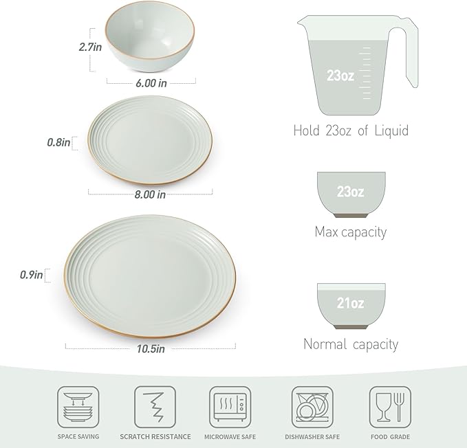 Famiware Jupiter Plates and Bowls Set for 4 16 Pieces Dinnerware Sets 8.5 Pasta Bowls for Serving Light Green