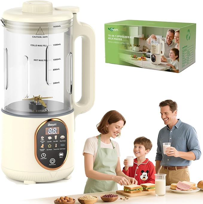 Beyn 10-in-1 Automatic Nut Milk Maker Machine 60oz Large Capacity with 𝟒𝟖 𝐓𝐢𝐭𝐚𝐧𝐢𝐮𝐦 Blades &amp Self-Cleaning. for Homemade Almond Soy Oat Milk Milkshake - Delay Start &amp Keep Warm Fu