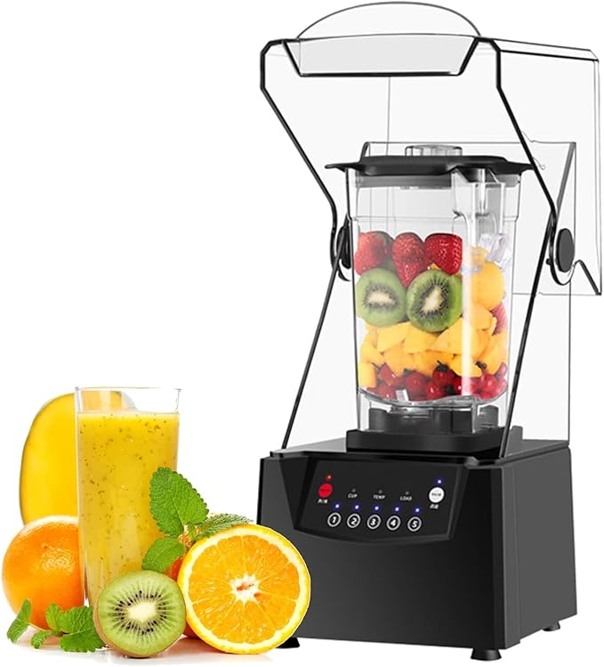 Professional Smoothie Blender Commercial Countertop Blender with Shield Quiet Sound Enclosure Electric Smoothie Maker Automatic Cleaning Fruit Juicer Ice Crusher for Home Restaurants Hotels