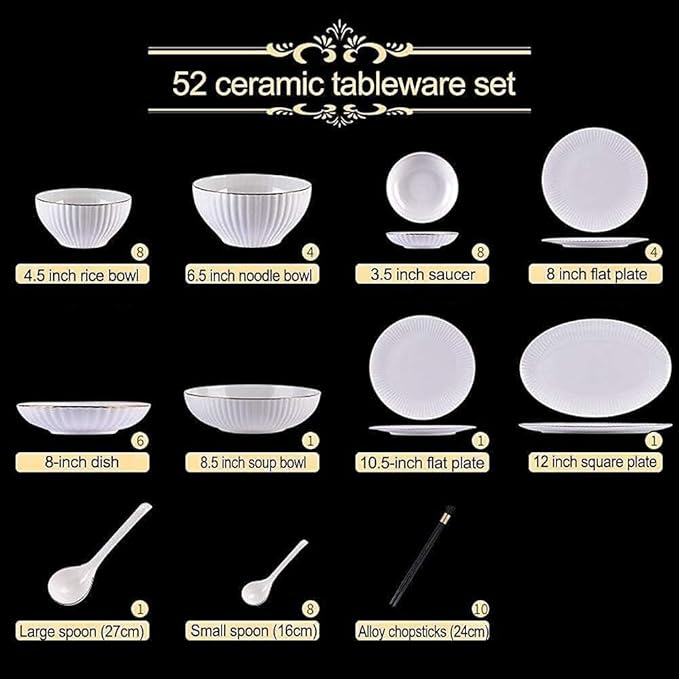 Dinnerware Set Gold-Plated 62-Piece Place Setting Kitchen Dish Set Includes Dinner Plates/Salad Bowl/Spoon Luxury Bone China Tableware