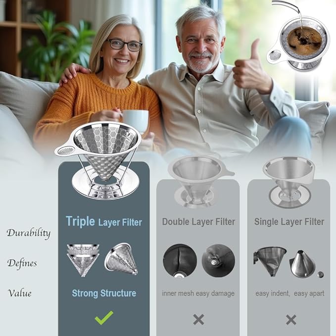 dailybrew Pour Over Coffee Maker Triple Layer Stainless Steel Cone Coffee Filter 4 Cup Non-electric Drip Coffee Maker Manual Portable Pour Over Coffee Maker Metal Cone Cafe Coffee Dripper