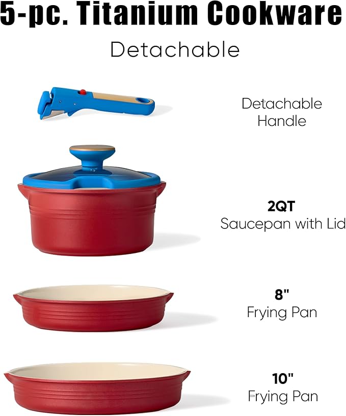 CAROTE 5Pcs Titanium Cookware Set Pots and Pans Set Non Stick Kitchen Cooking Set with Detachable Handle Non Toxic Induction Cookware Dishwasher/Oven SafeMemphis Design
