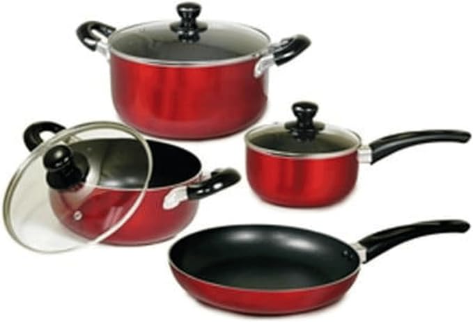 Nonstick Cookware Set 7 PiecesGranite Metallic-Red Exterior Dishwasher Safe Includes Sauce Pots Dutch Oven Fry Pan Metallic Red