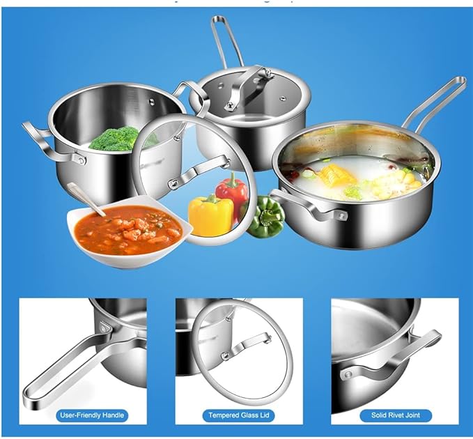JSEIAJB Stainless Steel Cookware Set 6 Piece Nonstick Cookware Cooking Pot Set with Glass and Silver Lid