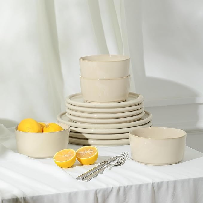Stone Lain Eden 12-Piece Dinnerware Set Stoneware Plates and Bowls Set Dishwasher and Microwave Safe Dish Dish Set for 4 Beige