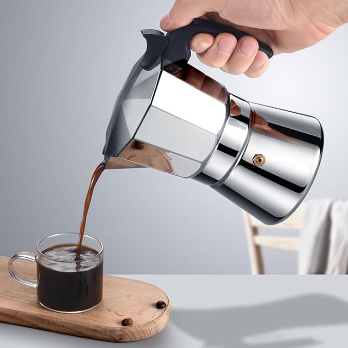 Jonlaki Stovetop Coffee Maker - Premium Stainless Steel Octagonal Design with Even Heat Distribution for Home and Outdoor Use 150ML Silver (150ML)