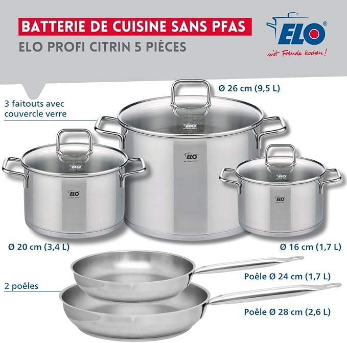 ELO 9503950 Cookware Set 5 Pieces 2 Frying Pans 24 and 28 cm and 3 Saucepans 16 20 and 26 cm Elo Profi Citrine Stainless Steel Induction